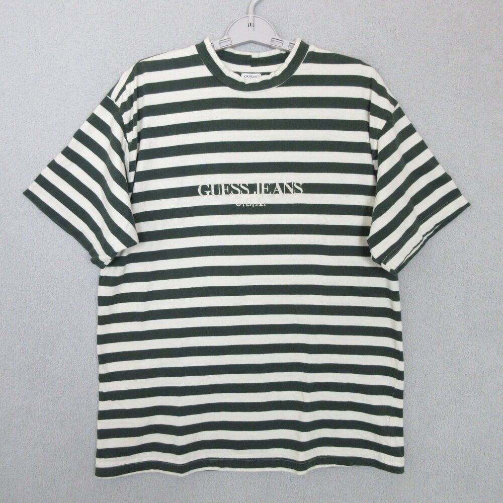 VTG Guess Jeans T-Shirt Mens M Green White Stripe Embroidered Logo Crew Neck - Picture 1 of 7